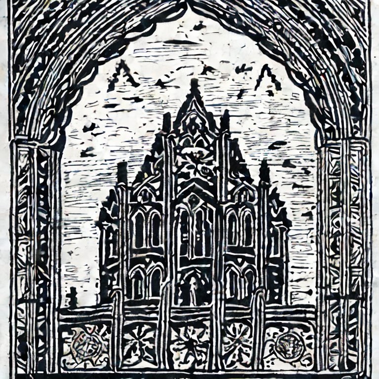 Block-print-like image of a grand tower viewed through an arch. Generated using stable diffusion AI image generator.