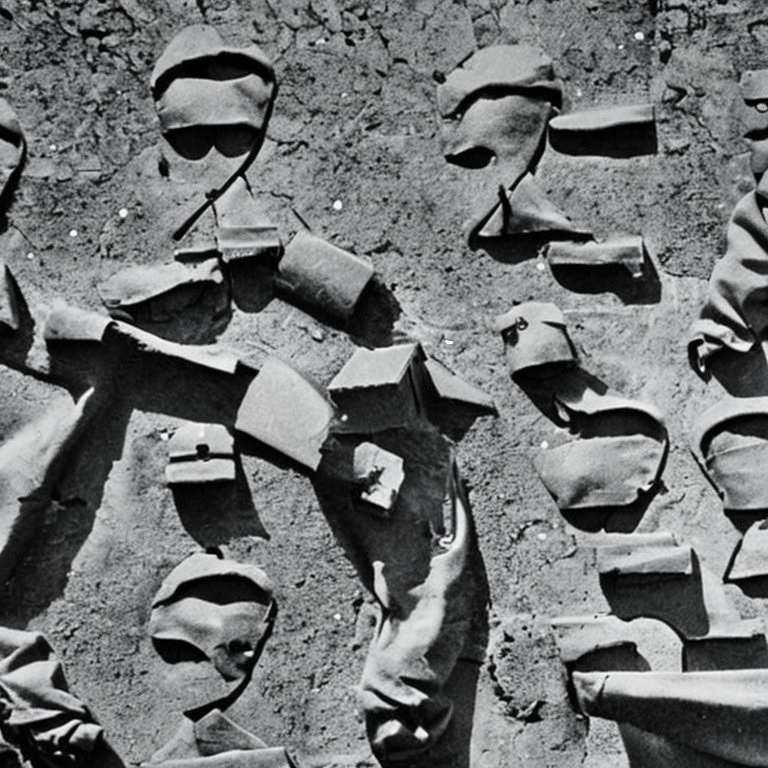 Photograph-like image showing what appears to be a sculpture in sandstone of items of combat paraphernalia. Generated using stable diffusion AI image generator.