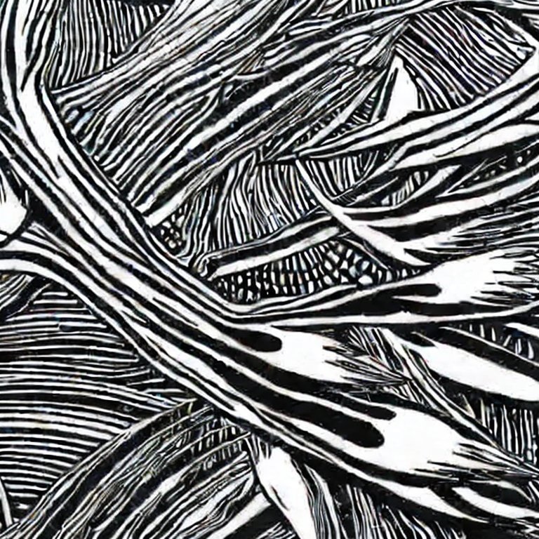 Block-print like image of a swoosh of what could be peacock feathers. Generated using stable diffusion AI image generator.
